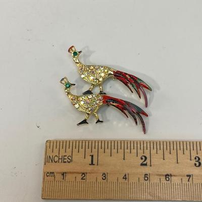 Pair of Gold Tone Enamel & Rhinestone Pheasant Peacock Bird Lapel Pins