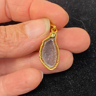 Small Purplish Geode Crystal Rock Pendant with Gold Gilt Edging