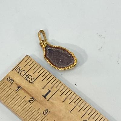 Small Purplish Geode Crystal Rock Pendant with Gold Gilt Edging