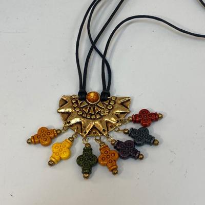 Gold Tone Half Medallion with Colorful Clay Crosses Statement Necklace