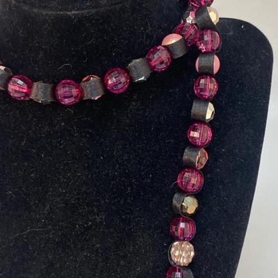 Extra Long Pink Tone Bead and Black Ribbon Necklace