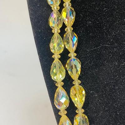 Vintage Glass Pear Shaped Yellow AB Two Strand Beaded Necklace