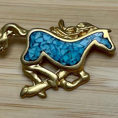 Turquoise Stone Filled Gold Tone Plated Galloping Running Horse Pendant Charm