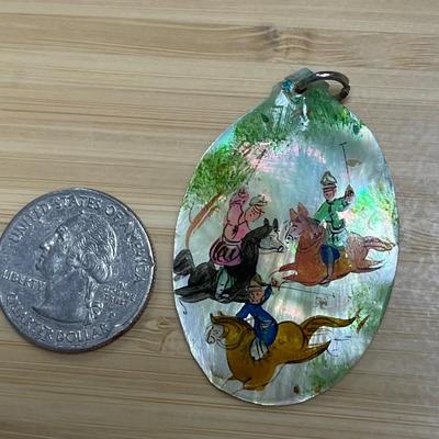 Vintage Mother of Pearl Abalone Shell Pendant Charm with Painted Horsemen Riders Art