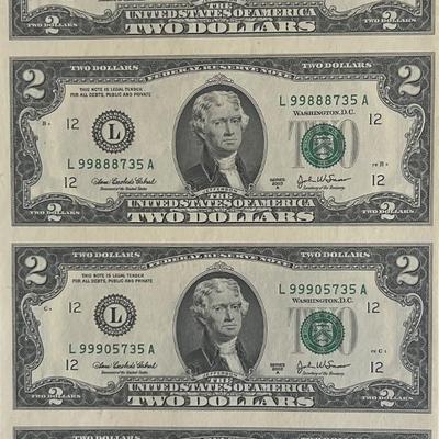 United States $2 bill uncut mint sheet