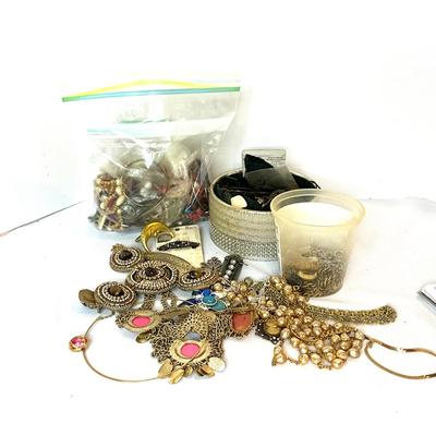 1233 Container and Bag of Broken Jewelry