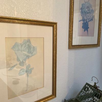 Framed Art, Bird Cage And Tin Hat Bird House