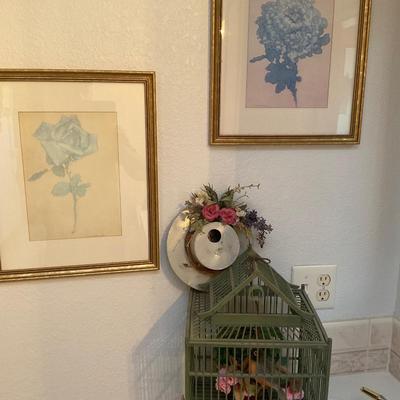 Framed Art, Bird Cage And Tin Hat Bird House