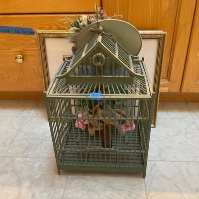 Framed Art, Bird Cage And Tin Hat Bird House