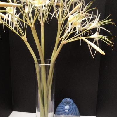 990 Faux Spider Lillies & Blue Art Vase