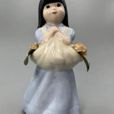 Vintage Ceramic Girl Holding Bundle of Flowers Hollow Figurine Trinket