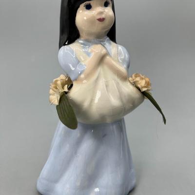 Vintage Ceramic Girl Holding Bundle of Flowers Hollow Figurine Trinket