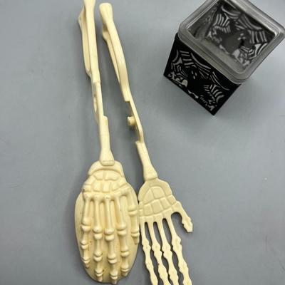 Halloween Skeleton Plastic Salad Tongs & Heavy Frosted Glass Candle Holder