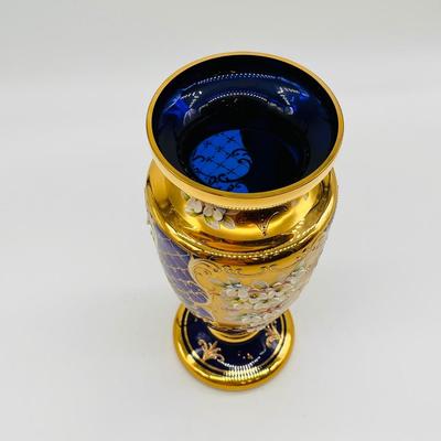Gorgeous Blue Venetian Hand-Painted Gold Murano Glass Vase