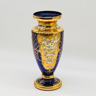 Gorgeous Blue Venetian Hand-Painted Gold Murano Glass Vase