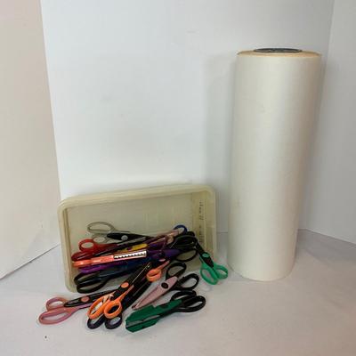 1254 Lot of Pattern Cutting Scissors and Roll of Art Paper