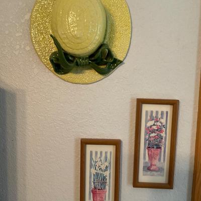 Ceramic Hat And Two Small framed Prints