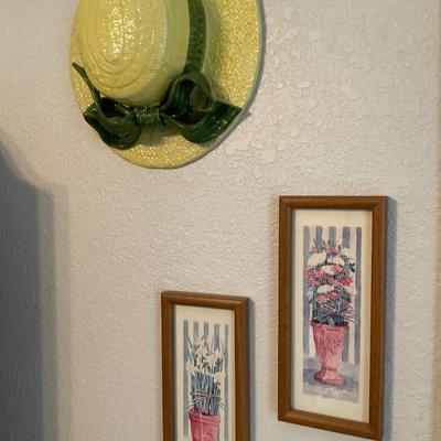 Ceramic Hat And Two Small framed Prints
