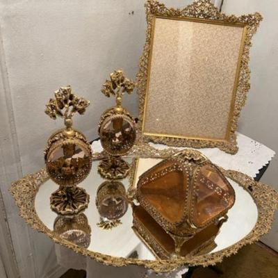 Hollywood Regency Gold Gilded Ormolu Mirrored Vanity Tray w  Portrait Frame and Perfume Bottles