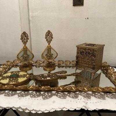 Hollywood Regency Ormolu Mirrored tray Tissue box brush mirror and perf bottles