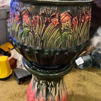 Antique Colorful Majolica Roseville Jardiniere and Pedestal