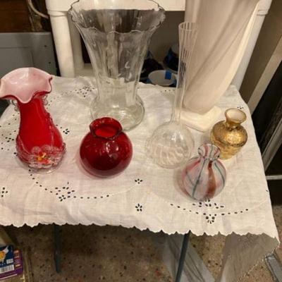 Murano w Applique  art glass mouth b;own and Depression glass vases