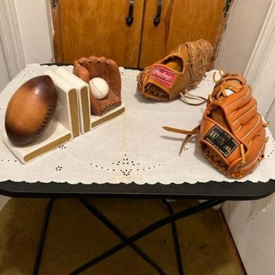 Lefton Brand Porcelain Bookends and Vintage Mitts ( 1 Rawlings and 1 Wilson)