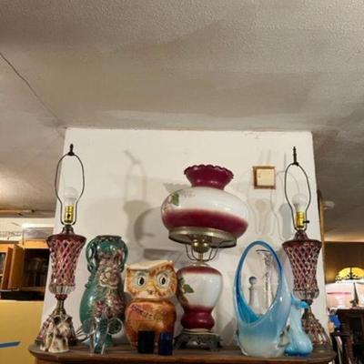 HURRICANE LAMP,  Ruby Red Cut to Clear Lamp Pair w Shades available too   Murano Glass    items Owl Cookie Jar Sold
