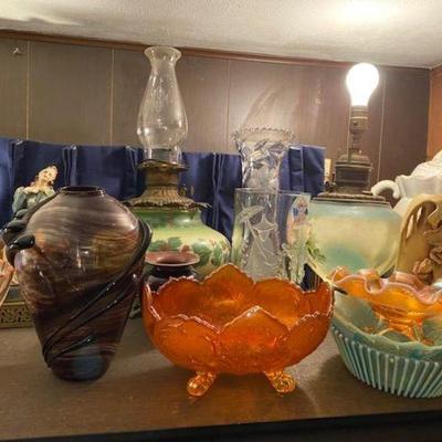 Art Glass blown w Applique  Christmas Oil Lamp  Electric Lamp ALL worl
