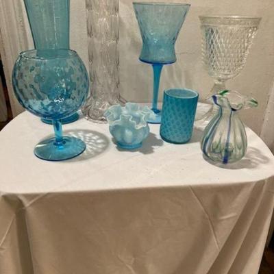 Teal Blown vases  Art glass textured tall clear vase Teal han Blown Small candle holder