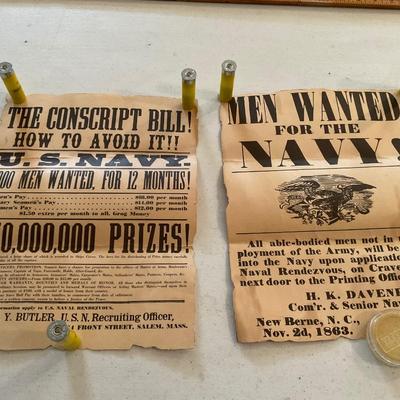 Two Very Old Posters With 20 Gauge Shells And Military Utensils
