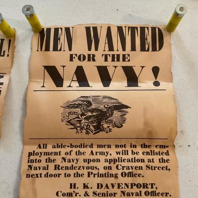 Two Very Old Posters With 20 Gauge Shells And Military Utensils