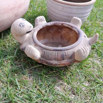 Cute plant pots, Birds on edge, turtle on back, and small clay pot