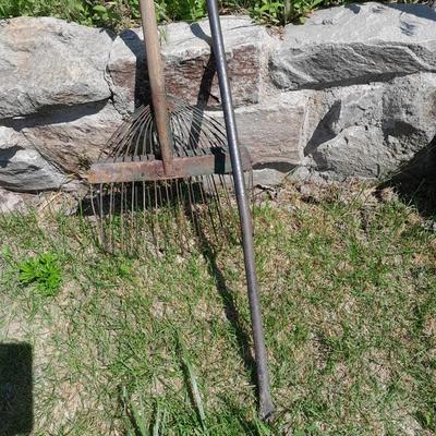 Vintage farm hand tools, Metal tined rake, pry bar, Wide Pitchfork and a scoop shovel