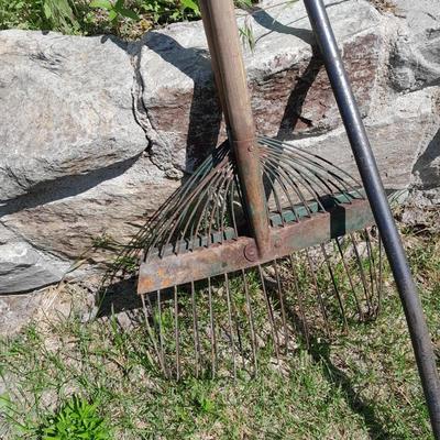 Vintage farm hand tools, Metal tined rake, pry bar, Wide Pitchfork and a scoop shovel
