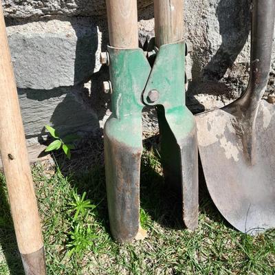 Hand tools Hoe, Post hole diggers, and a shovel