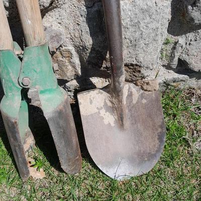 Hand tools Hoe, Post hole diggers, and a shovel