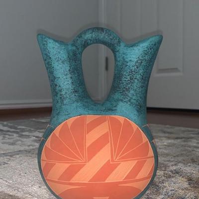 Rare Design Acoma Pueblo Indian Hand Etched Wedding Vase by J/S Lewis Signed