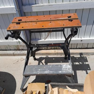 Black and Decker Work master vise table with large box of crafting wood