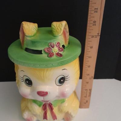 Vintage KC Japan Kitschy Yellow Bunny Rabbit wearing a Green Hat Cookie Jar