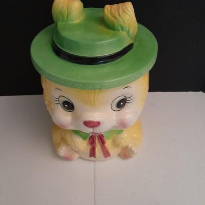 Vintage KC Japan Kitschy Yellow Bunny Rabbit wearing a Green Hat Cookie Jar