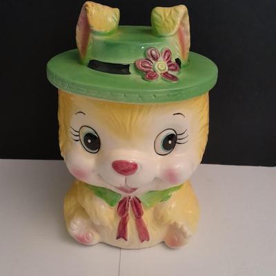 Vintage KC Japan Kitschy Yellow Bunny Rabbit wearing a Green Hat Cookie Jar
