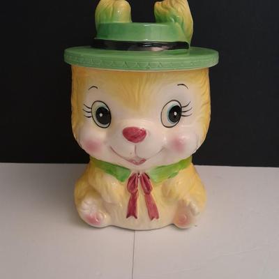 Vintage KC Japan Kitschy Yellow Bunny Rabbit wearing a Green Hat Cookie Jar