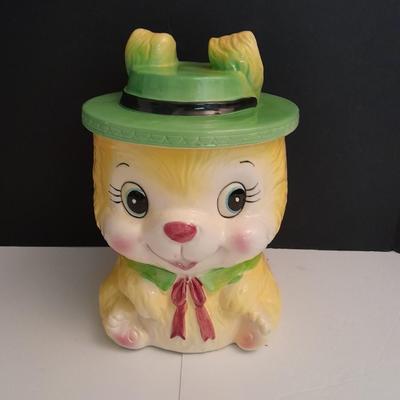 Vintage KC Japan Kitschy Yellow Bunny Rabbit wearing a Green Hat Cookie Jar