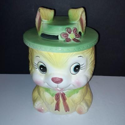 Vintage KC Japan Kitschy Yellow Bunny Rabbit wearing a Green Hat Cookie Jar