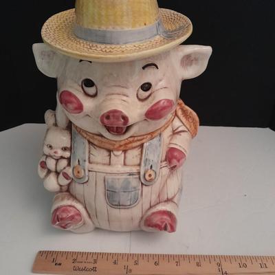 Vintage Treasure Craft Farmer Pig Ceramic Cookie Jar