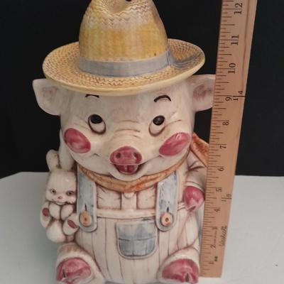 Vintage Treasure Craft Farmer Pig Ceramic Cookie Jar