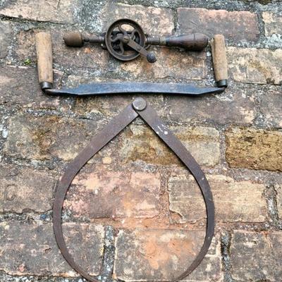 Antique tools LOT 2 - handcrank drill, planer, tongs