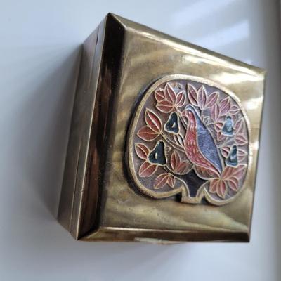 Vintage Solid Brass Enameled Trinket Box 
