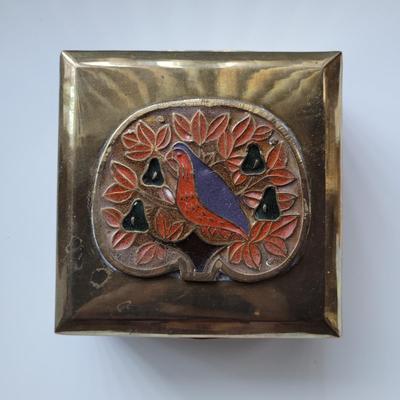Vintage Solid Brass Enameled Trinket Box 